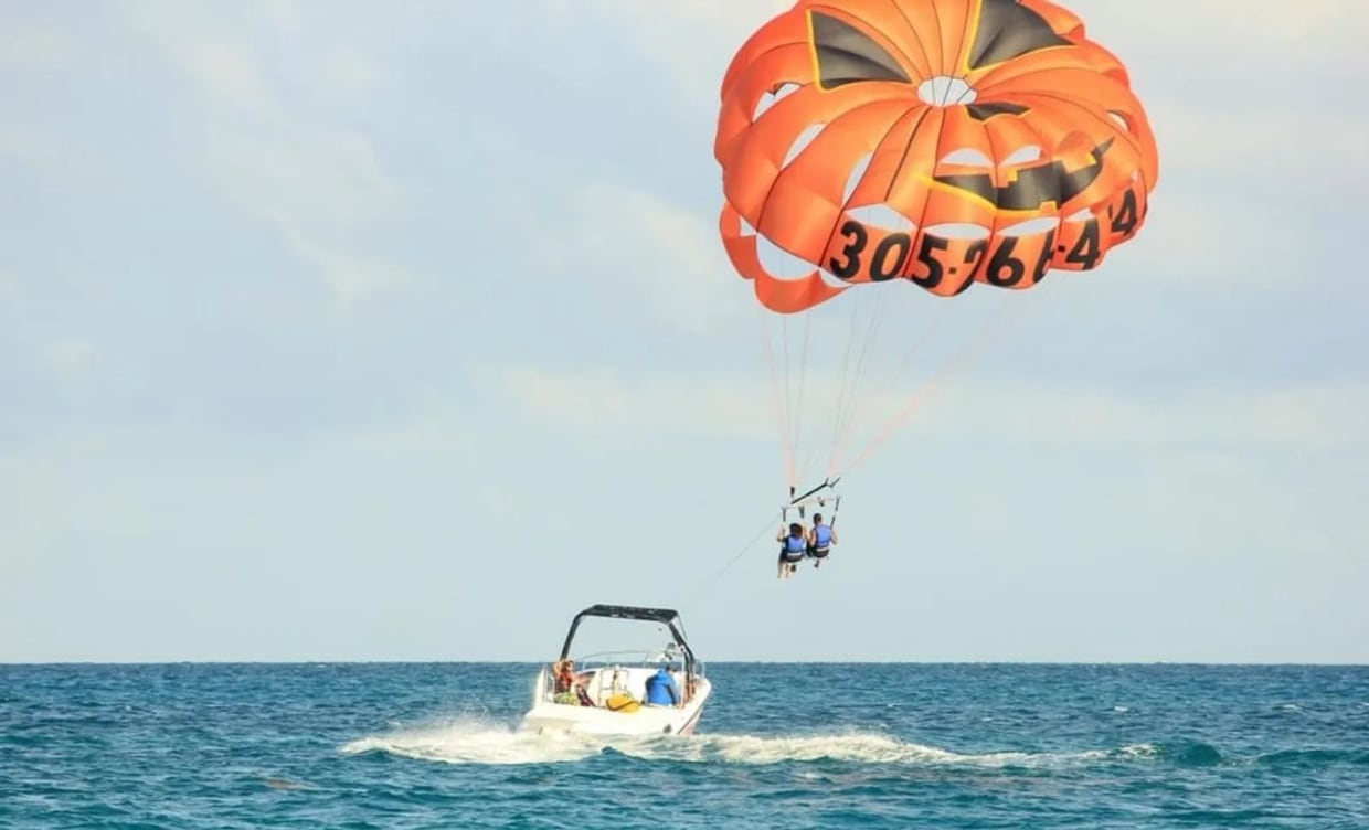 Parasailing passengers above the Montenegro coast before booking confirmation